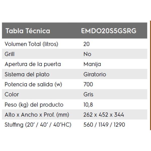 MICROONDAS ELECTROLUX 20LTS EMDO20D5GSRG PLATA