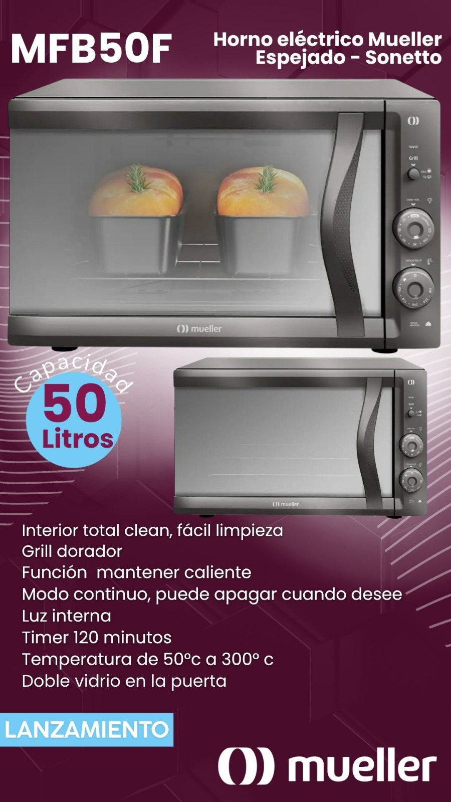 HORNO MUELLER SONETTO 50LTS ESPEJADO MFB50F